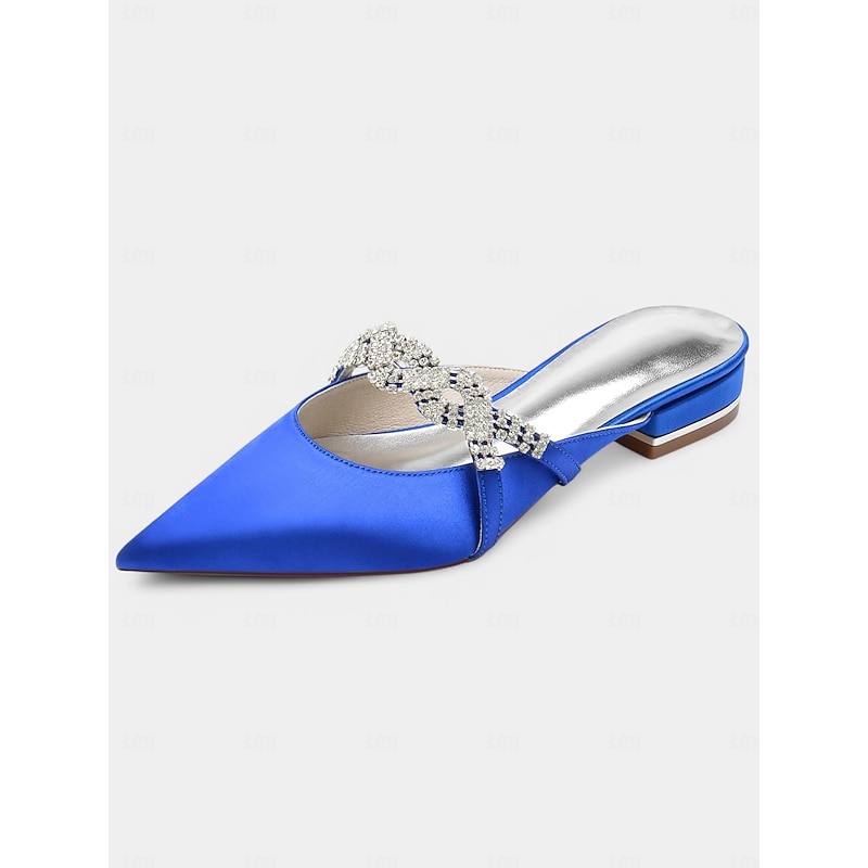 Blue Satin Pointed-Toe Mule Heels with Rhinestone Detailing - Women's Evening Wedding and Party Shoes2
