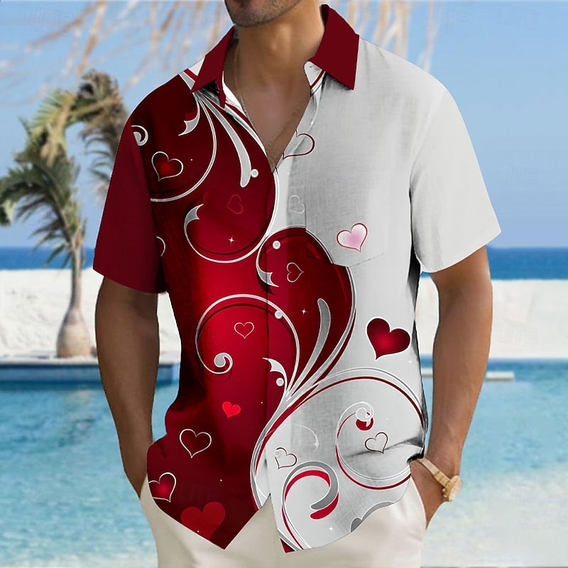 Valentine's Day Men's Heart LOVE Floral Shirt Button Up Shirt Short Sleeve Fashion Casual Vacation Gift Holiday Summer Fall Turndown 3D Print Pink Red Blue Purple Green