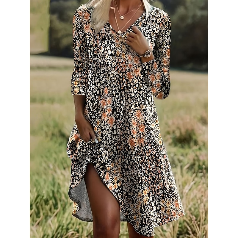 Women's Long Dress Maxi Dress Casual Dress A Line Dress Elegant Vintage Stylish Vacation Party Daily Loose Fit Floral Long Sleeve V Neck Blue Purple Orange Spring Fall