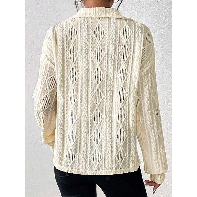 Women's White Elegant Lace Tops Eyelet Blouse Casual Plain Regular Tops Long Sleeve Shirt Collar Lace Regular Fit Work Daily Romantic Petite Tops Summer Holiday Wear Beige2