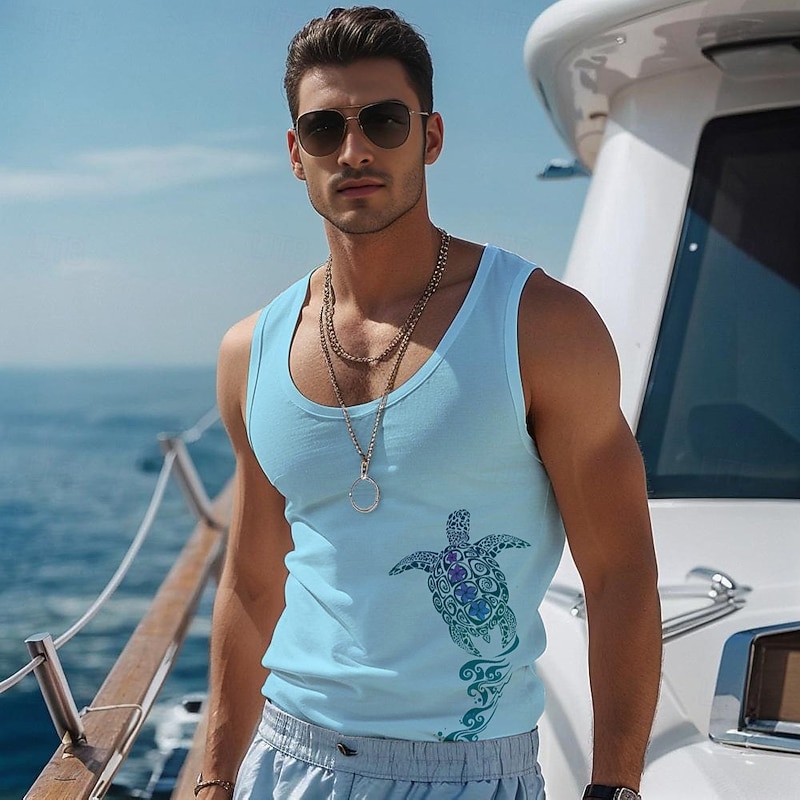 Men's Coconut Palm T Shirt Vest Top Sleeveless T shirt 3D Print Crew Neck Shirt Vacation Casual Hawaiian Holiday Light Blue White Summer Spring Clothing Apparel S M L XL XXL XXXL2