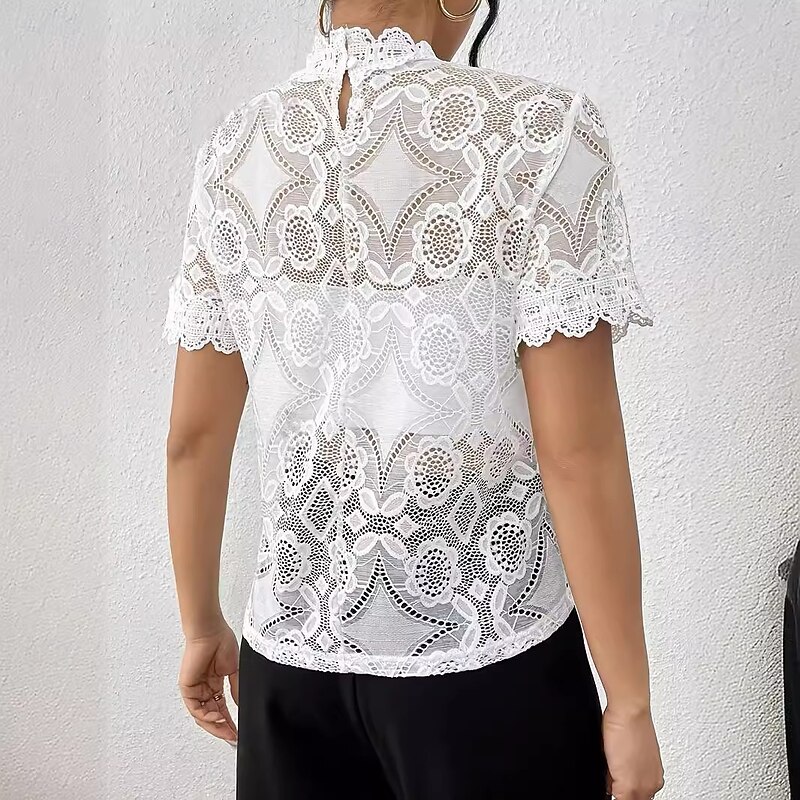 Women's Boho Shirt Lace Splicing Top Hawaiian Short Sleeve Asymmetrical Regular Tops Lace White Summer Spring2