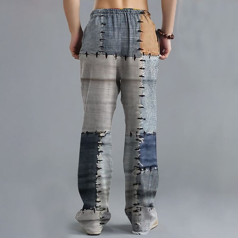 Men's Plaid Patchwork Rework Trousers Casual Pants Drawstring Elastic Waist Hawaiian Ethnic Casual Outdoor Vacation Holiday Side Pockets Straight Leg Trousers Summer Spring Fall 3D Print Blue Gray3