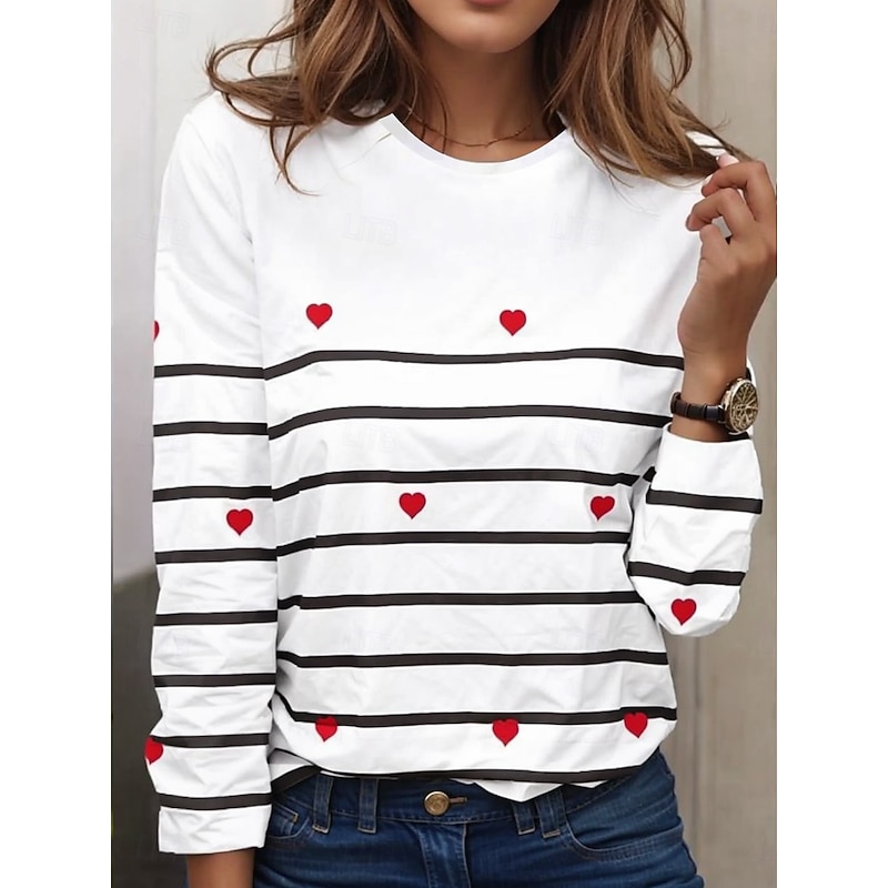 Women's T shirt Crew Neck Long Sleeve Tunic Heart Striped Casual  Regular Tops Daily Print White Spring Fall