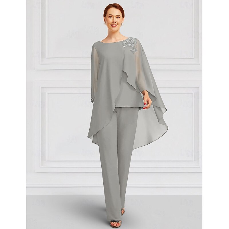 Two Piece Pantsuit Mother of the Bride  Elegant Jewel Neck Floor Length Chiffon Long Sleeve Wrap Included with Lace Ruffles Solid Color3