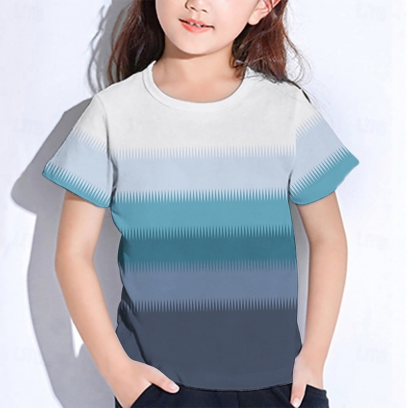 Girls' 3D Graphic Striped T shirt Tee Short Sleeve Summer Spring Fashion Basic Kids 4-12 Years Crew Neck Outdoor Casual Daily Regular Fit