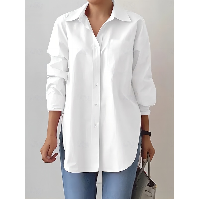 Women's Shirt Blouse Solid Color Stylish Casual Long Sleeve Shirt Collar Regular Tops Daily Buttons White Pink Khaki Summer Spring