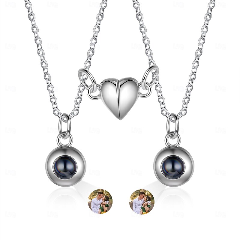 1 Pair Personalized Photo Projection Necklace Set Custom Jewelry Wedding Gift Pendants with Photos, Ideal Romantic Gift for Lovers, Perfect for Wedding
