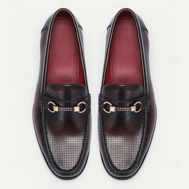 Men's Perforated Brown Leather Loafers – Premium Cowhide, Metal Buckle Decoration, Breathable Business Casual Shoes for Office and Formal Events4