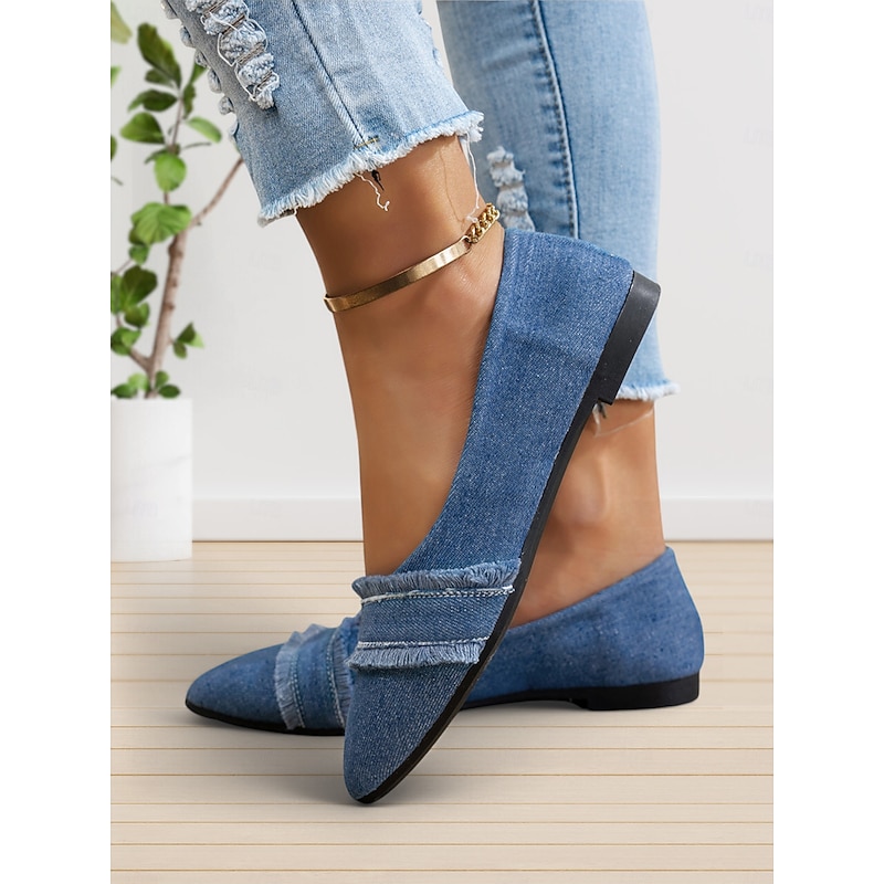 Women's Denim Pointed-Toe Flats with Frayed Detailing - Casual and Chic Shoes for Everyday Outings and Spring Fashion3