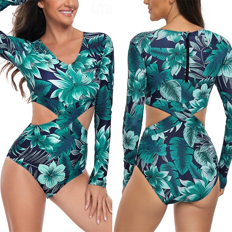 Women's Rash Guard One Piece Swimsuit UV Sun Protection Lightweight Long Sleeve Bodysuit Bathing Suit Cut Out Swimming Surfing Beach Water Sports Floral Printed Summer Spring Autumn