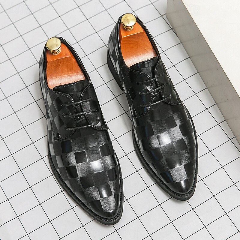 Men's Black Checkered Pattern Faux Leather Oxford Shoes - Formal Lace-Up Dress Shoes for Business, Weddings and Special Occasions3