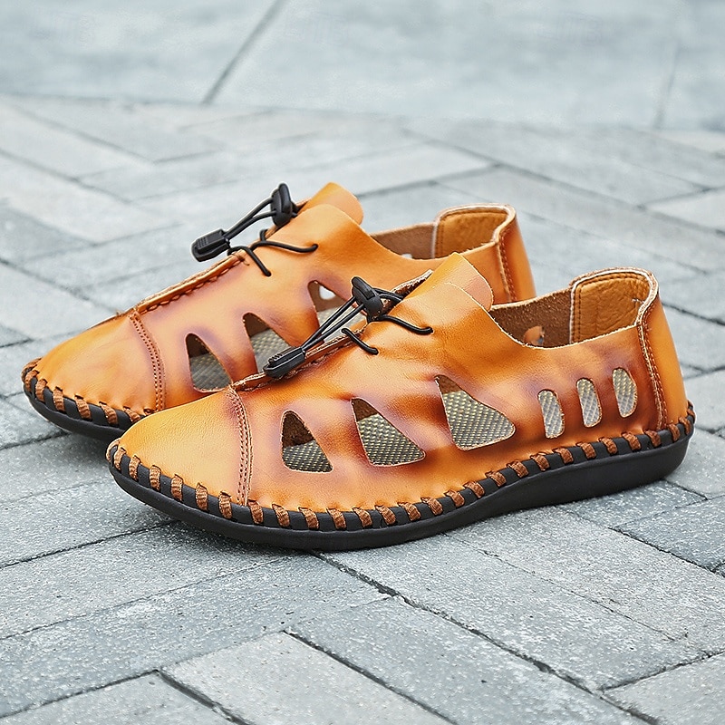 Men's Faux Leather Hollow-Out Casual Sandals - Hand-Stitched Design with Adjustable Drawstring, Lightweight and Breathable for Outdoor Summer Wear2