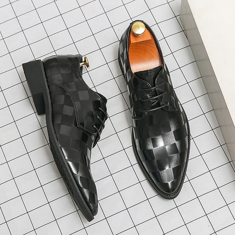 Men's Black Checkered Pattern Faux Leather Oxford Shoes - Formal Lace-Up Dress Shoes for Business, Weddings and Special Occasions2