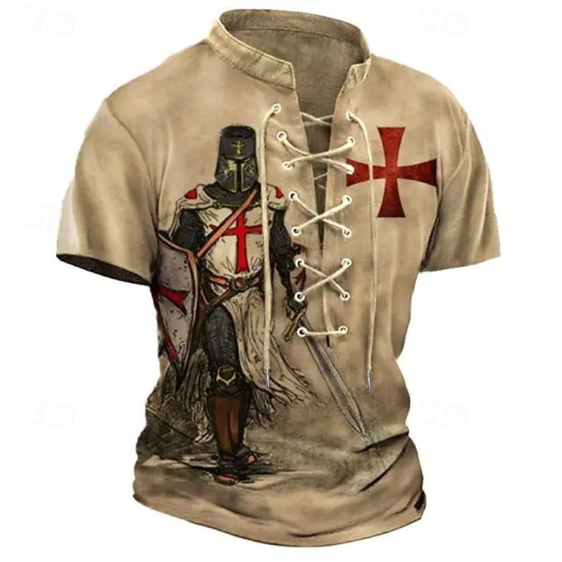 Men's T Shirt Graphic Knights Templar Stand Collar Clothing Apparel 3D Print Causal Memorial Day Short Sleeve Lace up Print Polyester Vintage Fashion Designer