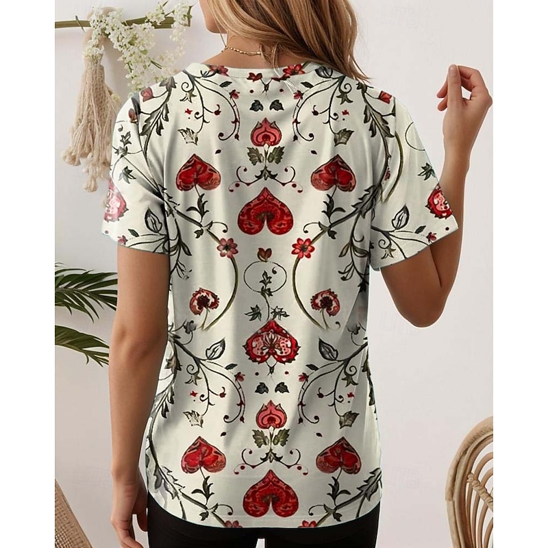 Women's T Shirt Floral Casual Short Sleeve Round Neck Regular Tops Daily Print off-white Summer2