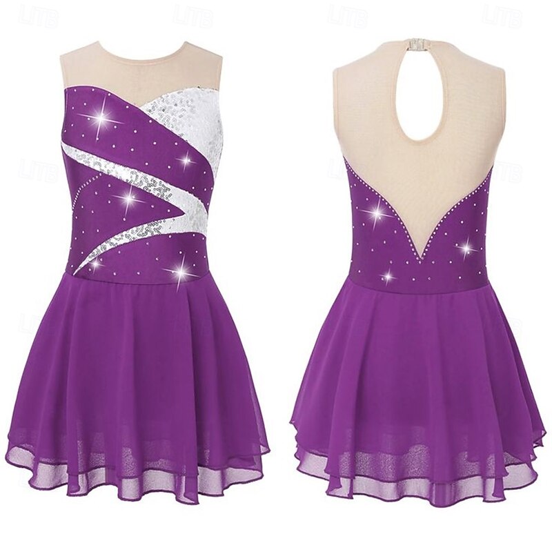 Figure Skating Dress Women's Girls' Ice Skating Dress Purple Patchwork Asymmetric Hem Mesh Spandex Stretchy Training Practice Professional Skating Wear Crystal / Rhinestone Sleeveless Figure Skating3