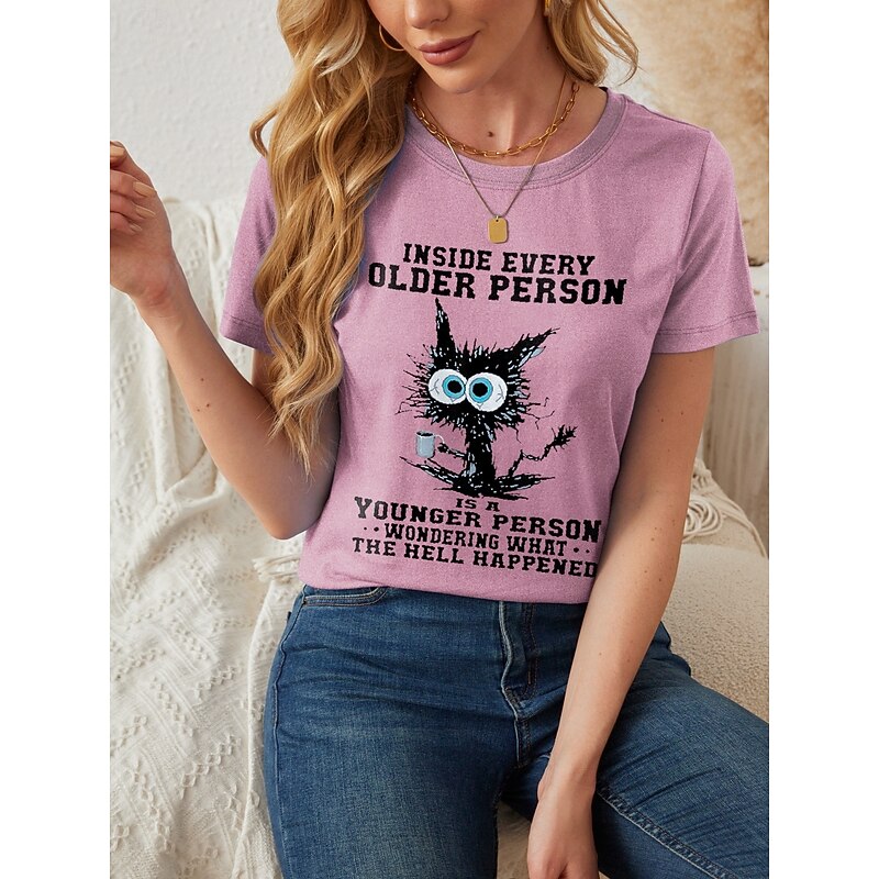 Women's T Shirt Cat Casual Short Sleeve Round Neck Regular Tops Daily Print Pink Blue Green Summer