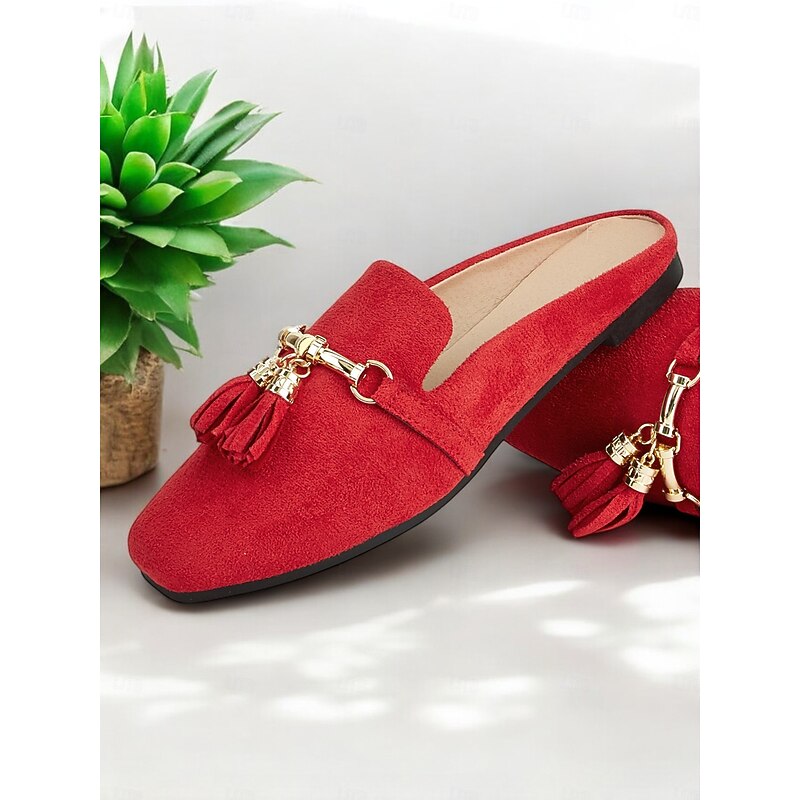 Women's Red Faux Suede Elegant Tassel Mules with Gold Chain Detail for Casual & Office Wear2