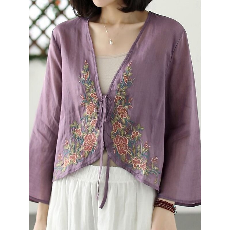 Women's Linen-Inspired Shirts Plain Casual Long Sleeve V Neck Vacation Street Daily Wear Embroidered Yellow Purple Orange Green Summer Spring2