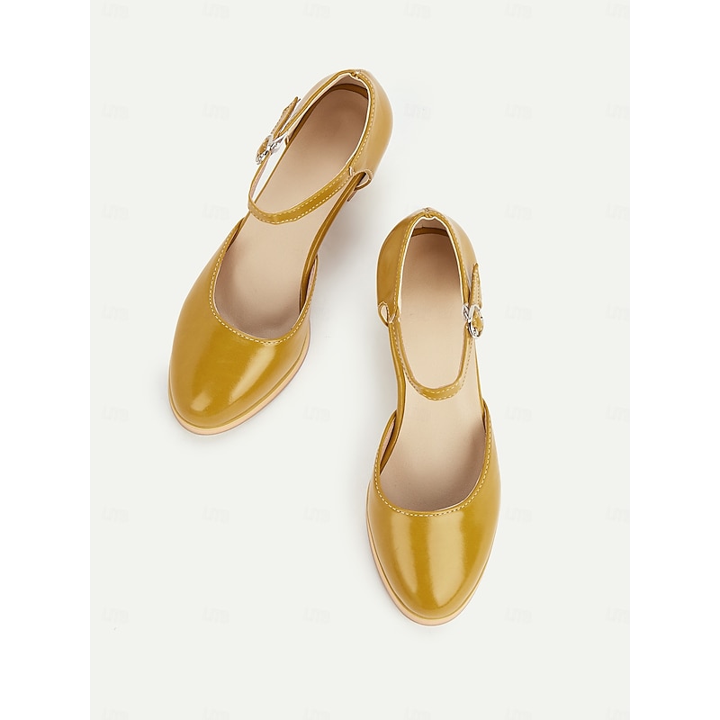 Women's Yellow Mary Jane Block Heel Pumps with Round Toe and Adjustable Strap for Retro Style, Office Wear and Formal Events4