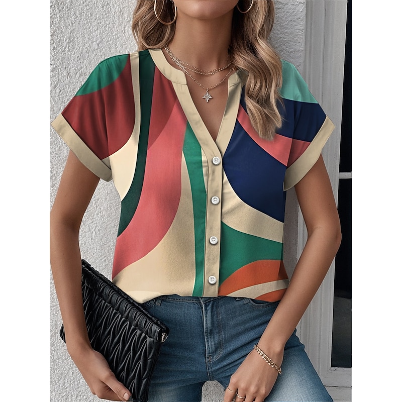 Women's Shirt V Neck Button Down Blouse Geometric Color Block Modern Casual Short Sleeve Notched Neck Regular Tops Work Daily Buttons Print Yellow Summer Spring
