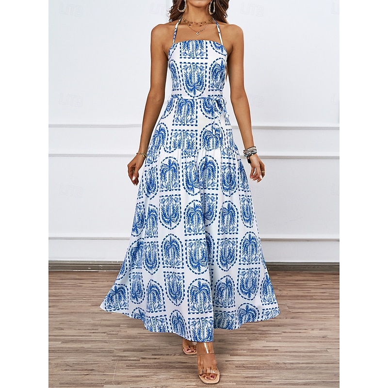 Women's Maxi Dress Casual Dress Swing Dress Sundress A Line Dress Tropical Casual Vacation Daily Beach Regular Fit Floral Sleeveless Halter Neck Blue Brown Summer - Main Image