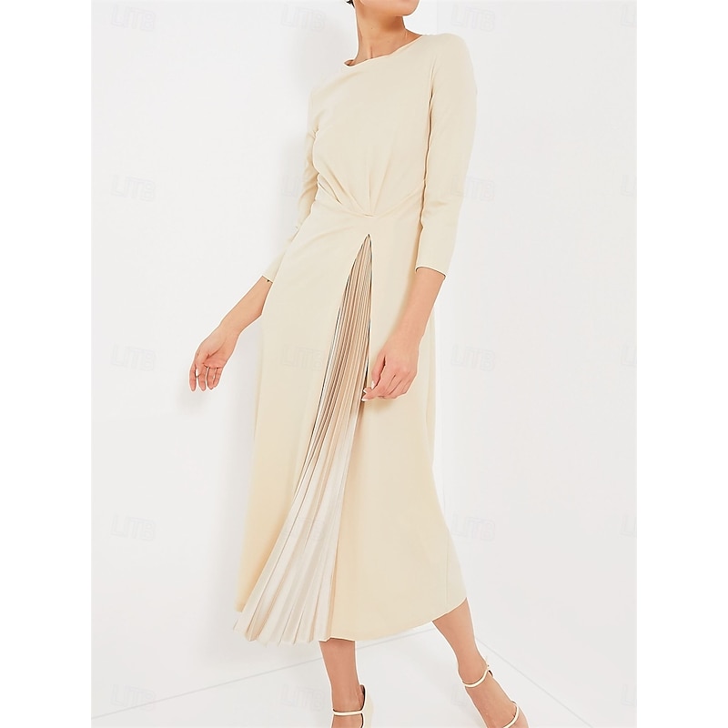 Women's Midi Dress A Line Dress Elegant Stylish Basic Vacation Party Work Regular Fit Plain 3/4 Length Sleeve V Neck Apricot Spring Fall