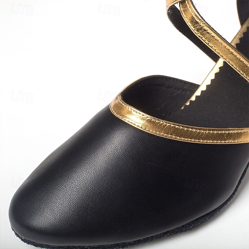 Black and Gold Crossover Strap Low Heel Dance Shoes for Women - Comfortable Ballroom and Latin Dancewear4