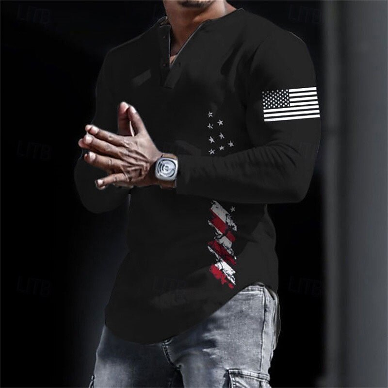 Men's Graphic USA National Flag Henley Shirt Long Sleeve 3D Print Fashion Daily Casual Casual Holiday Going out Spring &  Fall Black White Yellow Gray Henley Henley T-Shirt4