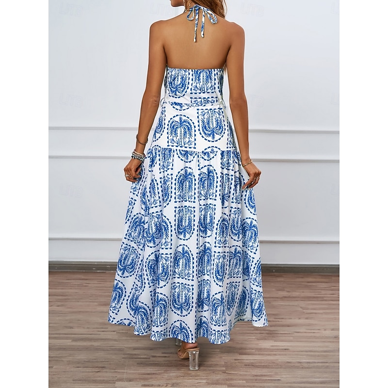 Women's Maxi Dress Casual Dress Swing Dress Sundress A Line Dress Tropical Casual Vacation Daily Beach Regular Fit Floral Sleeveless Halter Neck Blue Brown Summer2