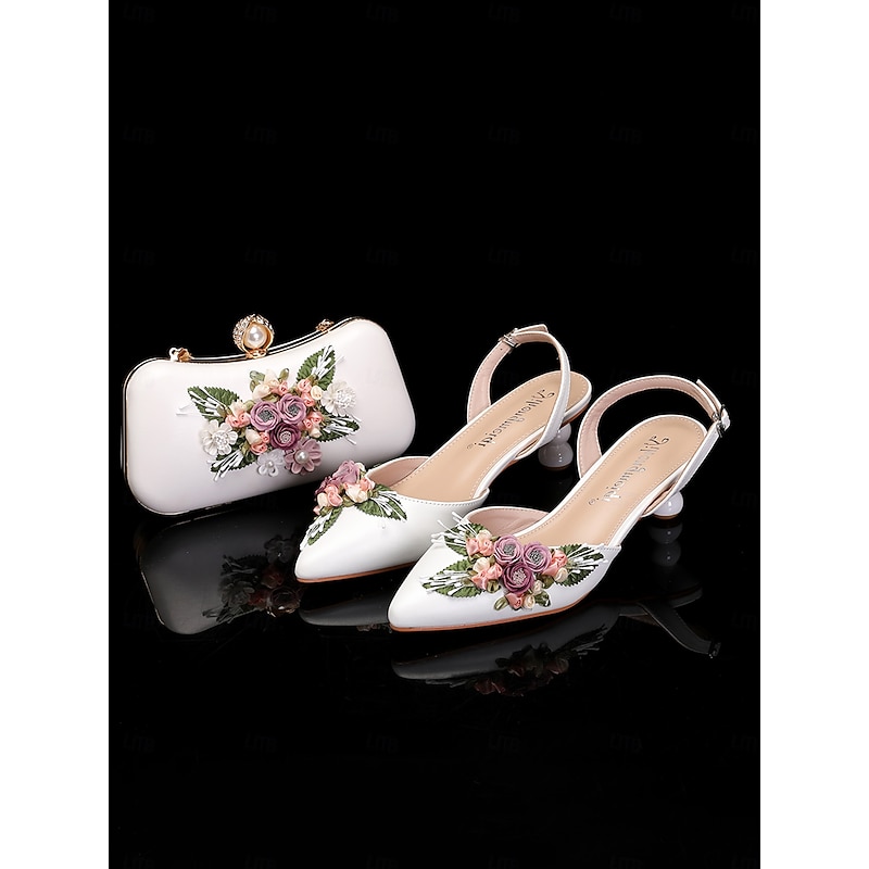 Vintage Floral-Embellished White Kitten Heel Shoes and Matching Clutch Bag Set for Women - Ideal for Weddings and Formal Occasions4