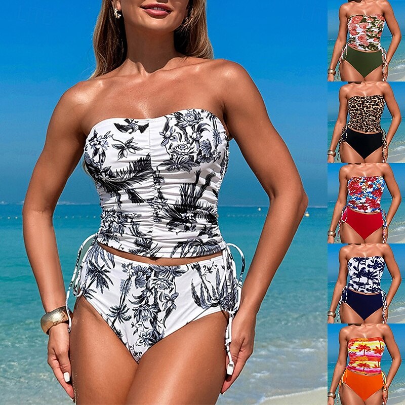 Women's Tankini Two Piece Swimsuit Open Back Swimwear Floral Swimwear Black Red Quick Dry Lightweight Breathable Sleeveless - Swimming Surfing Beach Summer Spring3