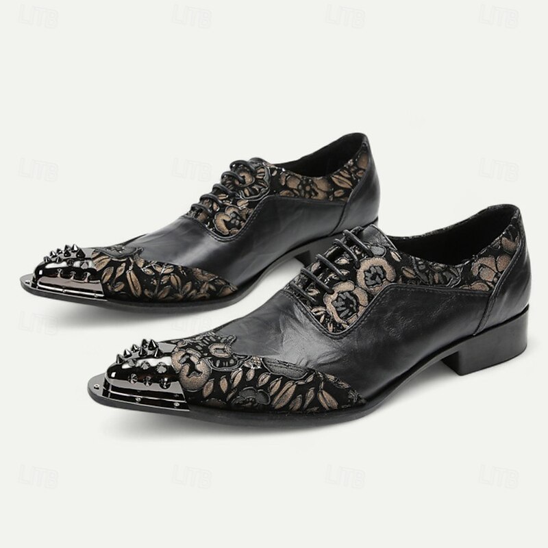 Men's Black Leather Lace-Up Dress Shoes – Premium Cowhide with Floral Embroidery and Metal Studded Toe Cap for Formal Events and Parties2