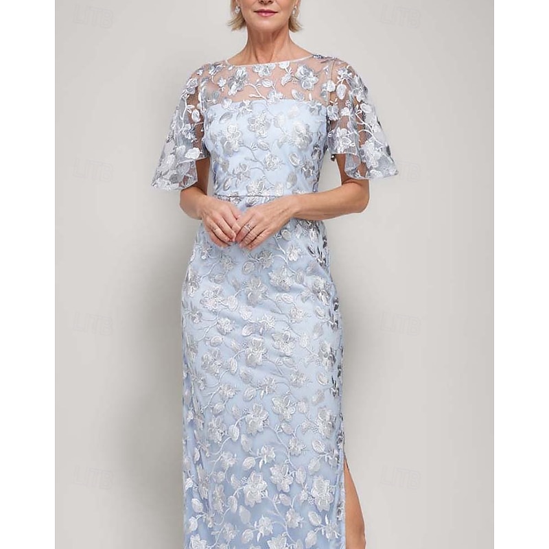 Sheath / Column Mother of the Bride Dress Elegant Luxurious Boat Neck Floor Length Floral Lace Appliques Short Sleeve with Slit3