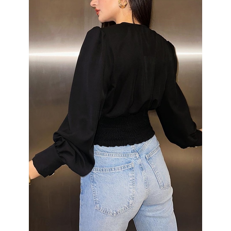 Women's Shirt Blouse Solid Color Stylish Casual Long Sleeve V Neck Crop Tops Daily Buttons Black White Summer Spring4