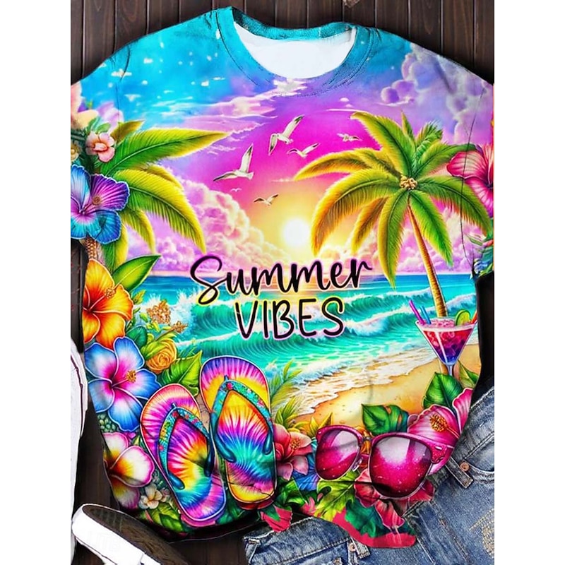 Women's T Shirt Tie Dye Letter Casual Short Sleeve Round Neck Regular Tops Daily Print Light Green Pink Purple Rainbow Summer