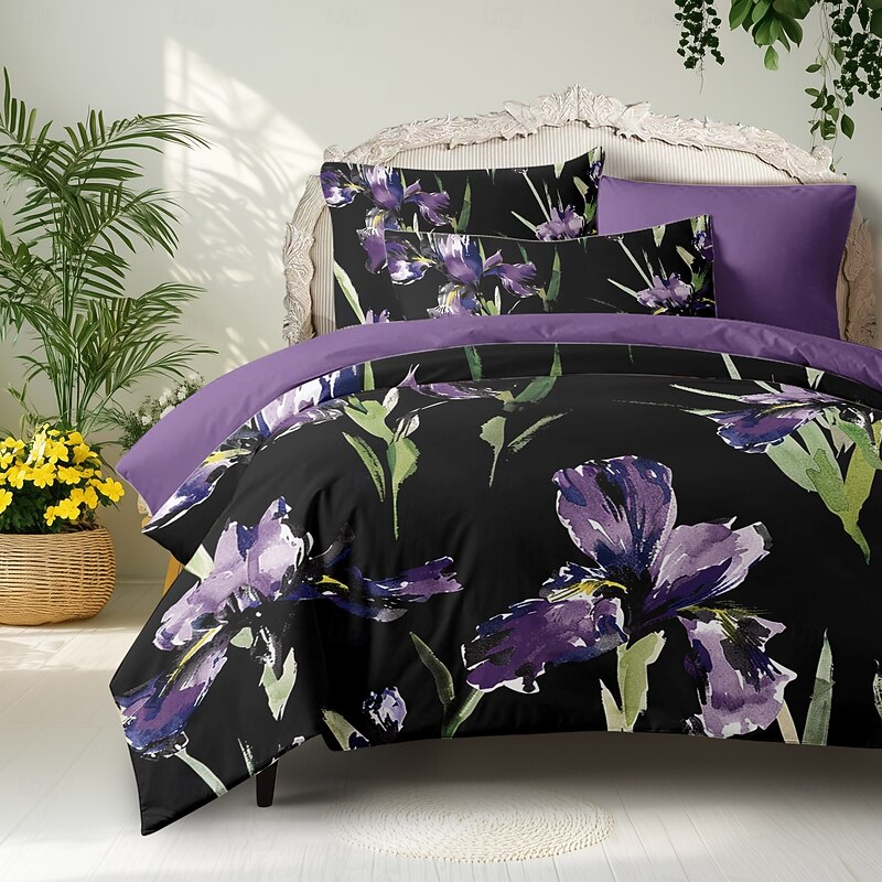 Purple Black Floral Series Duvet Cover Set King Queen Size 3-Piece Set Microfiber Bedding Set Perfect for Mother's Day Gift Super Soft Skin Friendly Long Lasting