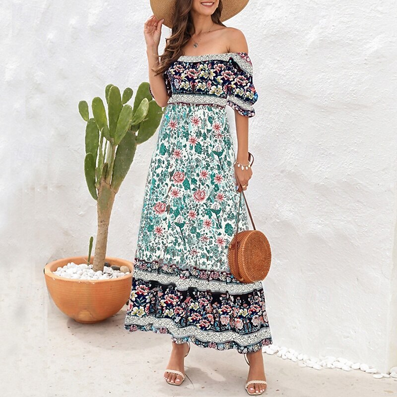 Women's Long Dress Maxi Dress Casual Dress A Line Dress Summer Dress Boho Dress Elegant Stylish Ethnic Vacation Daily Date Regular Fit Floral Short Sleeve Off Shoulder Light Green Red Blue Green4