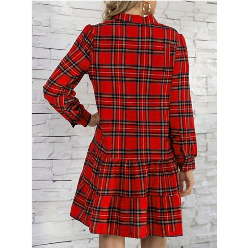 Women's Shirt Dress Tiered Dress Mini Dress Formal Business Daily Polyester Elegant Fashion Shirt Collar Patchwork Buttons Long Sleeve Spring Fall Regular Fit Plaid2