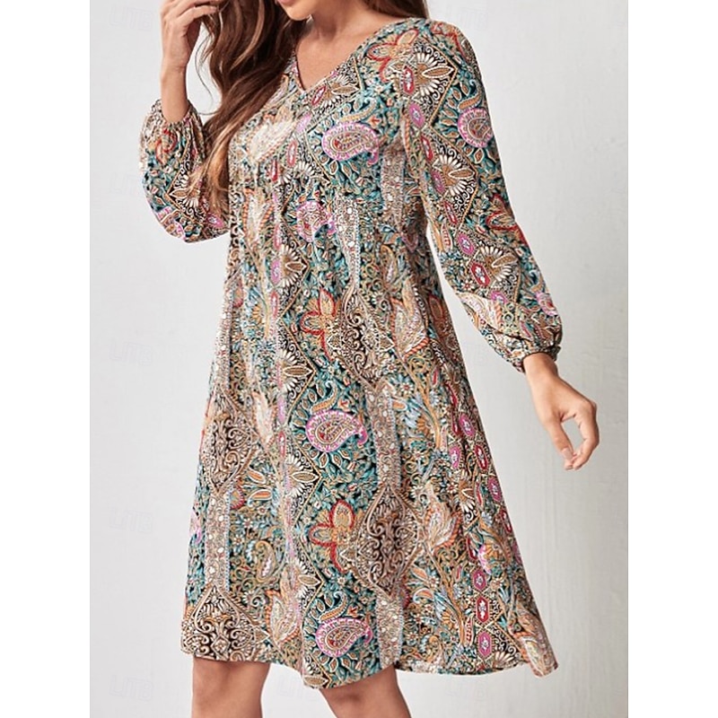 Women's Mini Dress Petite Dress Vintage Dress A Line Dress Boho Dress Stylish Casual Vacation Daily Regular Fit Floral Long Sleeve V Neck Red Summer3