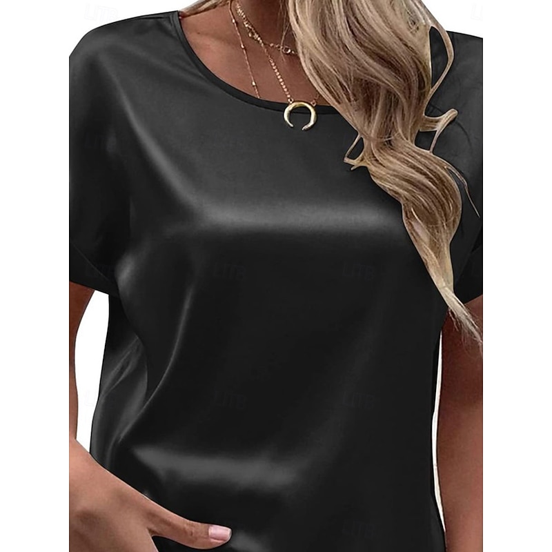 Women's T Shirt Solid Color Elegant Fashion Casual Short Sleeve Crew Neck Regular Tops Daily Going out Patchwork Black Pink Summer Spring2