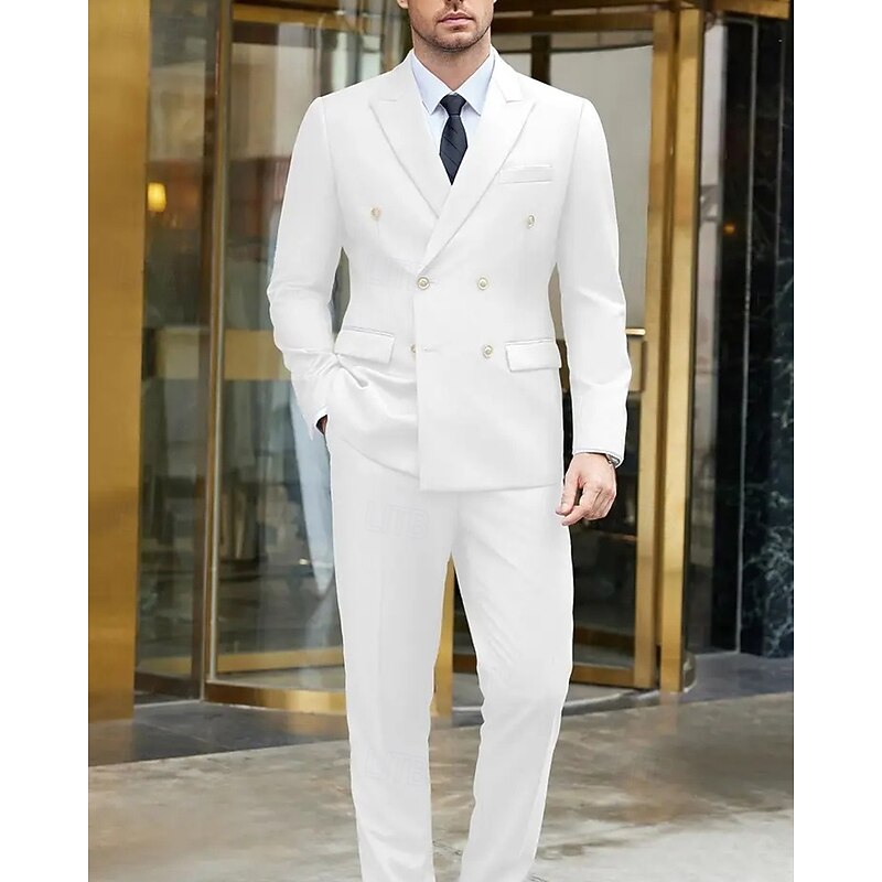 Men's Graduation Blazer Set Business Cocktail Party Wedding Party Fashion Casual Spring &  Fall Polyester Solid Color Pocket 2 Piece Comfortable Single Breasted Blazer Black White