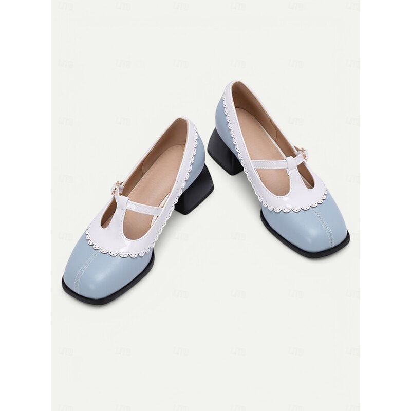 Women's Blue T-Strap Mary Jane Heels with Scalloped Edges and Chunky Block Heel – Cute and Stylish Shoes for Casual and Work Wear2