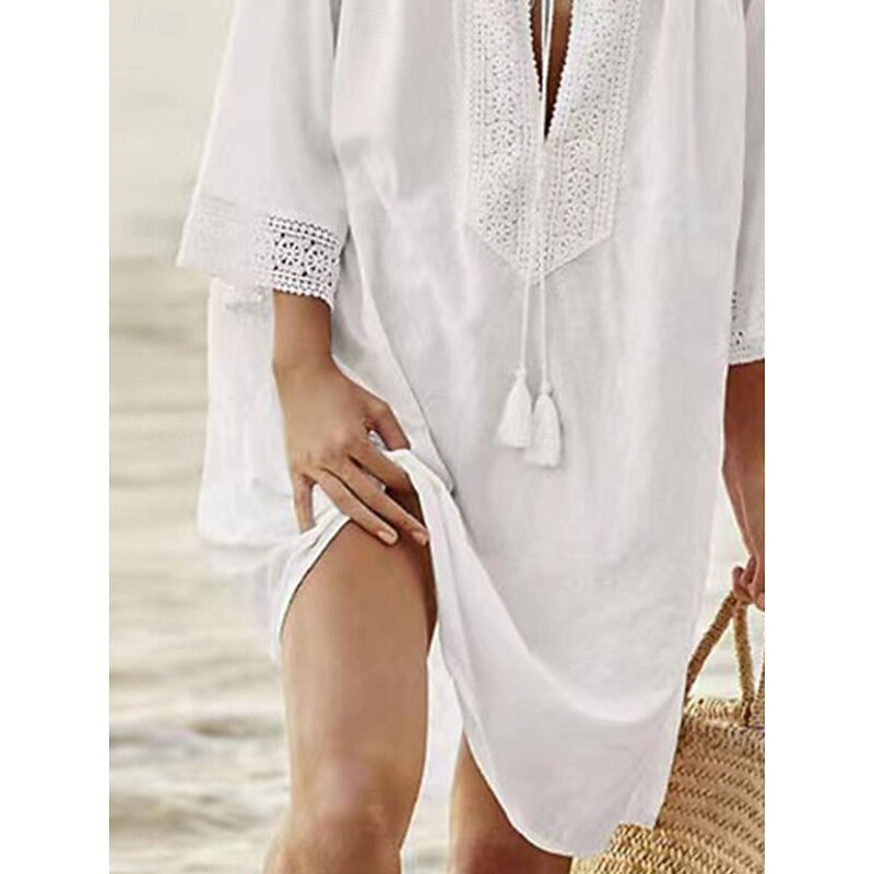 Women's Swimwear Cover Up Beach Dresses Swimsuit Tie Front Vacation Beach Wear Solid Color V Neck Long Sleeve2