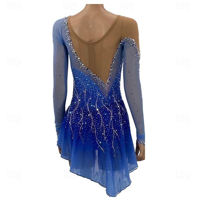 Figure Skating Dress Women's Girls' Ice Skating Dress Blue Patchwork Asymmetric Hem Mesh Spandex Stretchy Training Practice Professional Skating Wear Crystal / Rhinestone Long Sleeve Figure Skating2