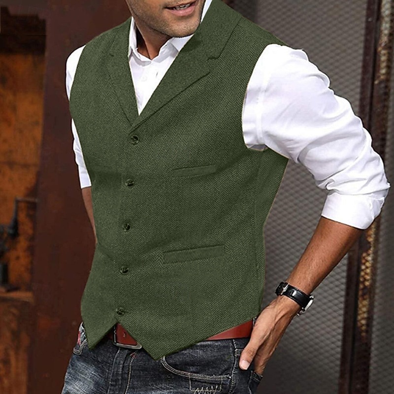 Men's Vest Gilet Wedding Event / Party Daily Fashion Business Spring &  Fall Buttons Pocket Polyester Comfortable Solid Color Single Breasted One-button Lapel Regular Fit Black Light Brown Green Army4