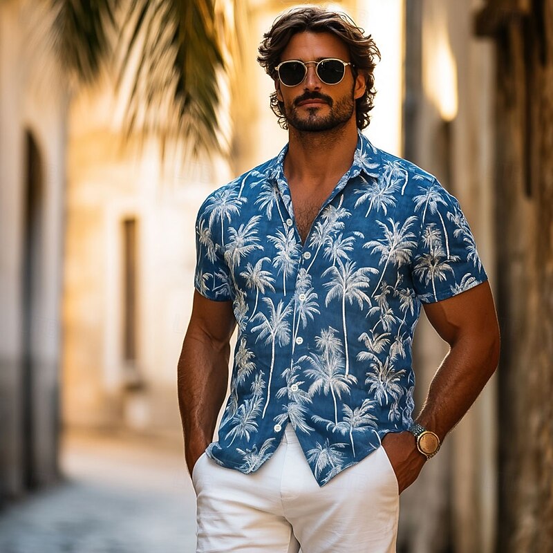 Men's Coconut Tree Tropical Plants Summer Hawaiian Shirt Button Up Shirt Aloha Shirt Short Sleeve Hawaiian Resort Vacation Holiday Beach Wear Summer Spring Turndown 3D Print Collared Shirts Blue2