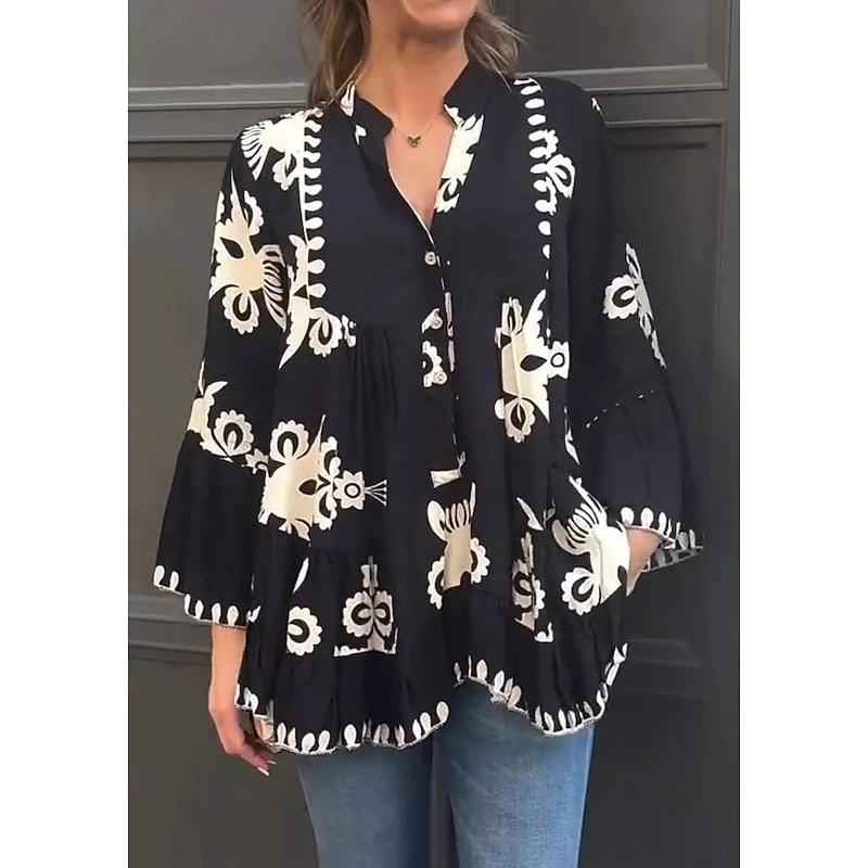Women's Shirt Blouse Graphic Bohemia Casual Long Sleeve High Neck Regular Tops Daily Ruffle Buttons Print Black White Summer Spring4