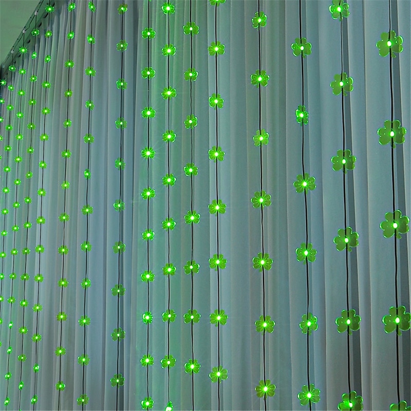 St. Patrick's Day LED Clover Curtain Light - 100LED/300LED Leather Wire String Lights with Remote Control, USB Decorative Lighting for Festival Parties, Living Room, and Room Decorations 1 Set4